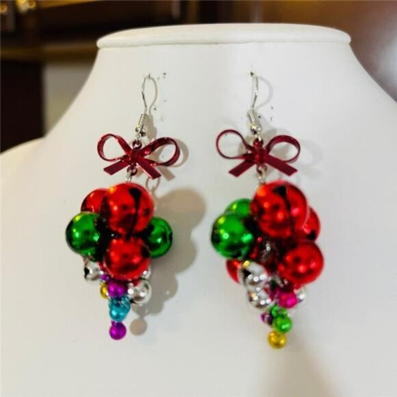 Holiday Christmas Earrings Jingle Bells Red Green Statement Bridal Prom Jewelry - Picture 4 of 4